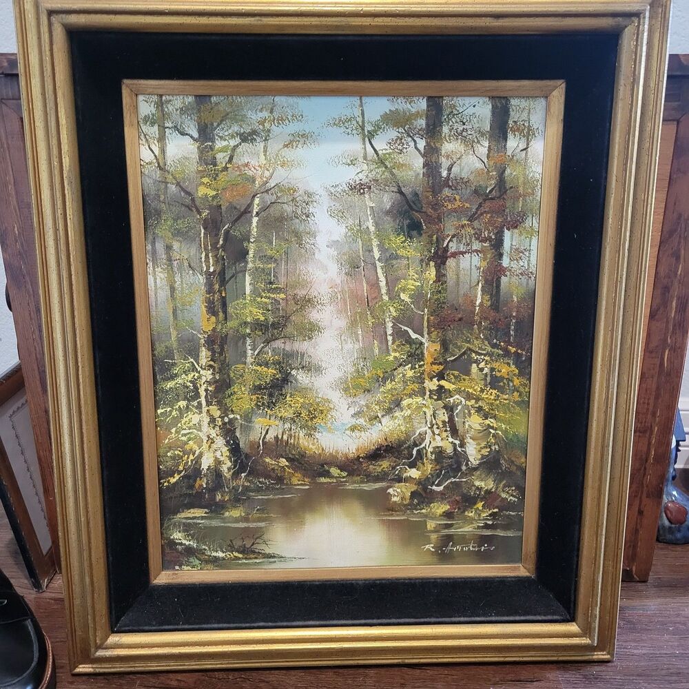 Original Oil Painting MCM artist Signed River forest trees Md Century Modern Art